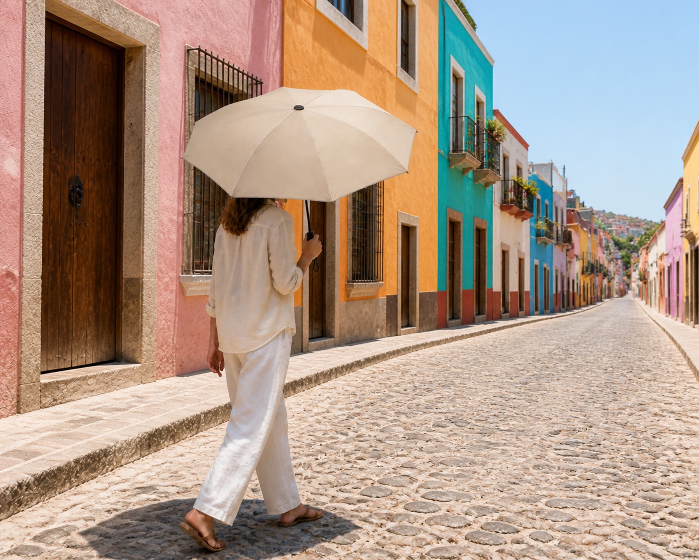 Person carrying a warm oatmeal Sombrello umbrella on a colourful Mexican street